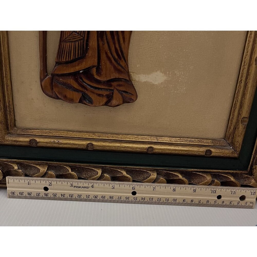 VTG Chinese Daoist Diety Shou Lao - Long Life - Framed & Matted Wood Carving - Picture 11 of 15